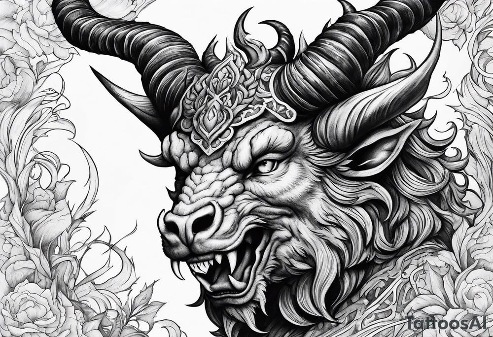Horned Devil fighting looking up to the sky tattoo idea