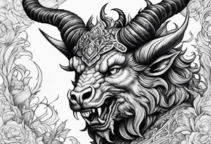 Horned Devil fighting looking up to the sky tattoo idea