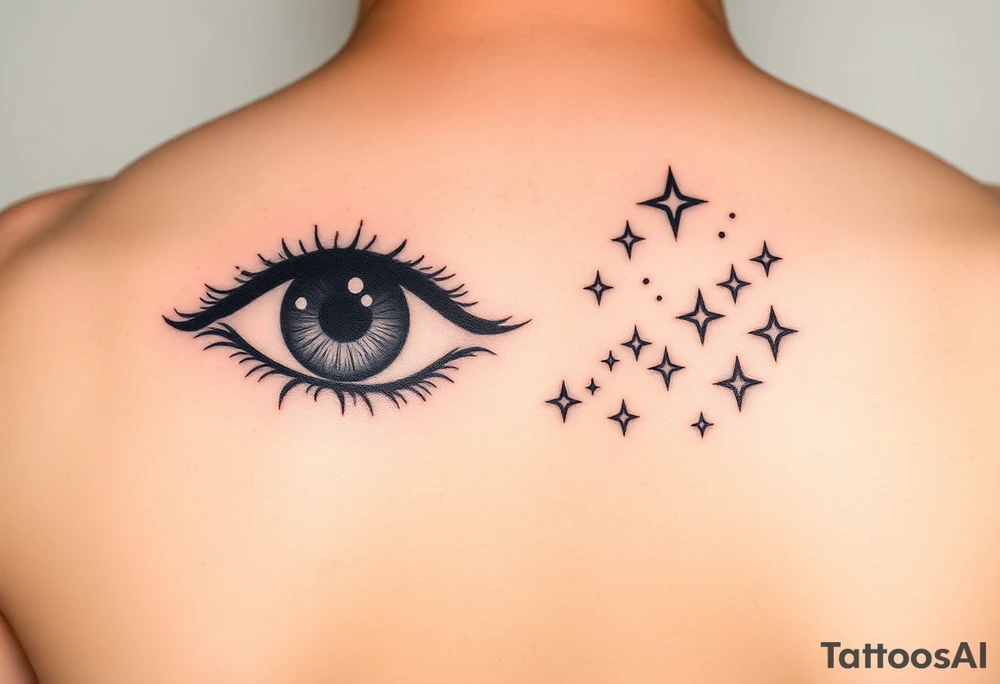 PUPIL: Solid black  
IRIS: Dotwork gradient (black → gray)  
STARS: Packed white ink (1.5mm dots) + micro-dot "halos" tattoo idea