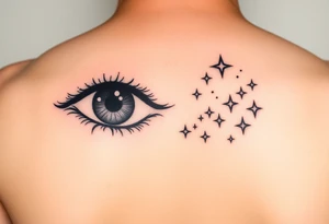 PUPIL: Solid black  
IRIS: Dotwork gradient (black → gray)  
STARS: Packed white ink (1.5mm dots) + micro-dot "halos" tattoo idea