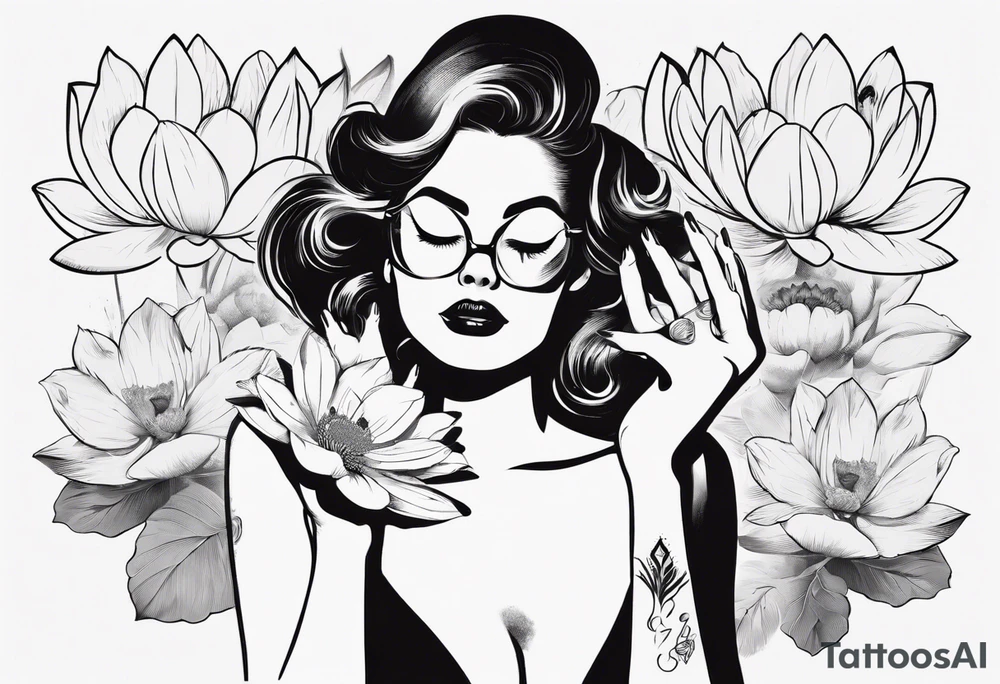 pin-up style queen with retro features bathing in lotus flowers and covering her eyes with her hands tattoo idea