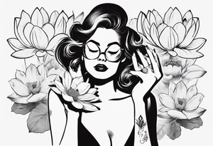 pin-up style queen with retro features bathing in lotus flowers and covering her eyes with her hands tattoo idea