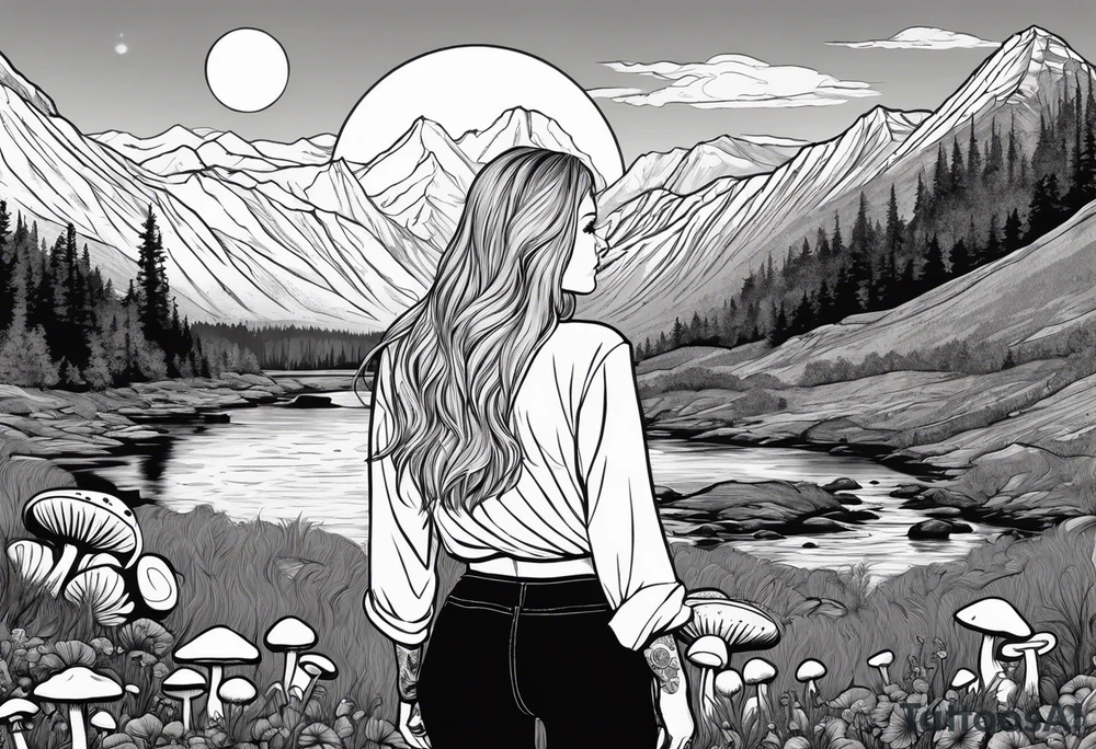 Whole picture encircled fully

Straight long blonde hair hippie girl in distance holding mushrooms in hand facing away toward mountains and creek surrounded by mushrooms long sleeve shirt and hiking pants; whole rendering within a full circle, no cut off circle tattoo idea