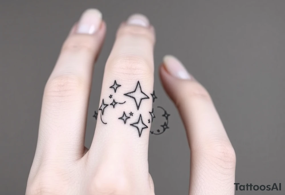 tattoo on back of hand and around fingers that includes stars and had a cool design made of lines tattoo idea