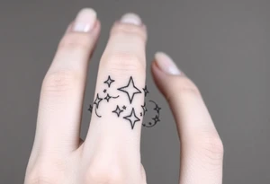 tattoo on back of hand and around fingers that includes stars and had a cool design made of lines tattoo idea