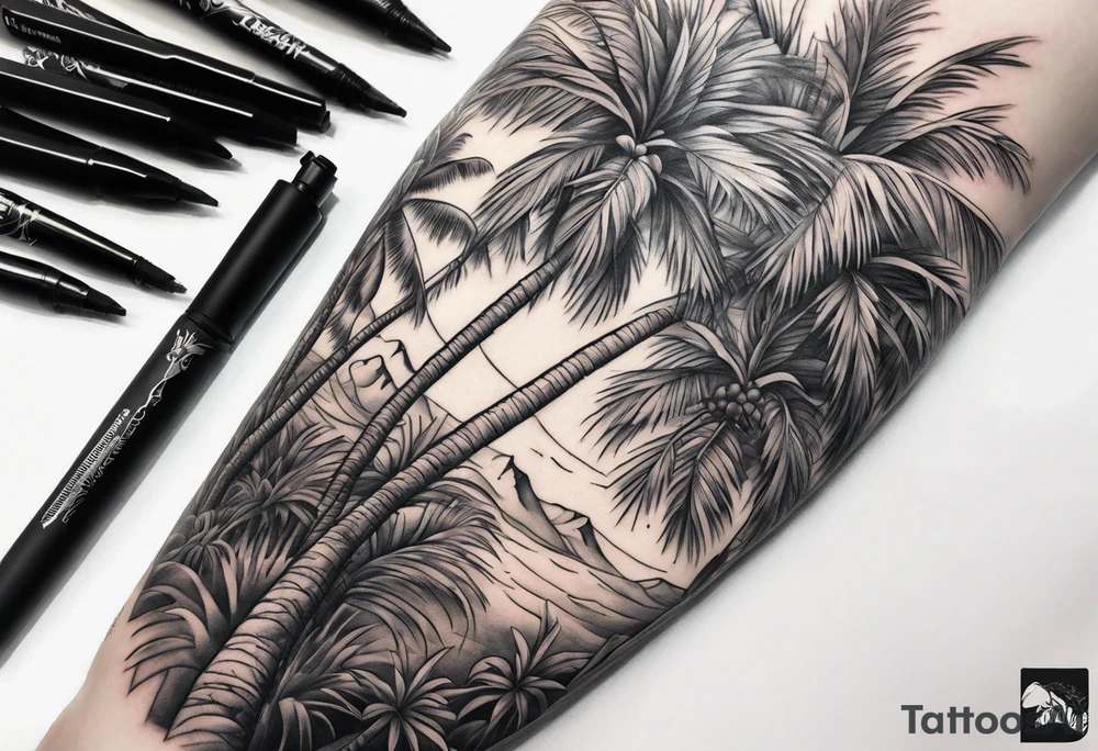 Juniper and palm tree sleeve. tattoo idea