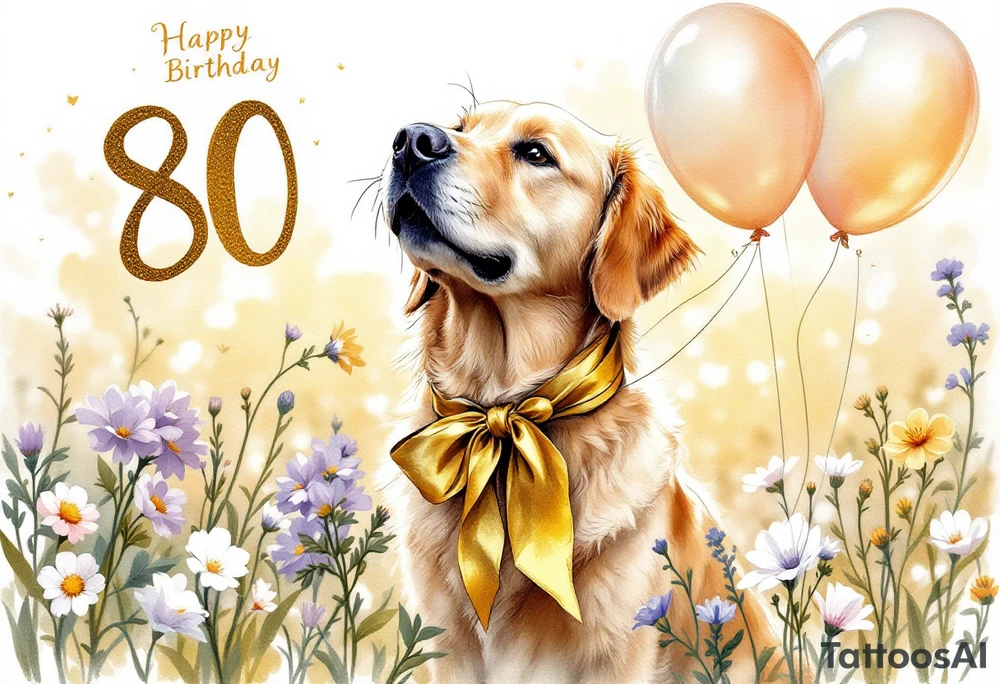 Imagine a golden retriever sitting in the middle of a blooming meadow, surrounded by soft sunlight and pastel-colored flowers. The dog has a large golden ribbon tied around its neck and cheerful balloons floating beside it, with the number "80" clearly displayed. Its expression is joyful and full of warmth. Above the scene, in elegant handwriting, a message reads:
“The entire Albi team warmly congratulates you on your life’s milestone!”
The overall style is soft, watercolor-inspired, perfect for a heartfelt greeting card filled with gentleness and gratitude. tattoo idea