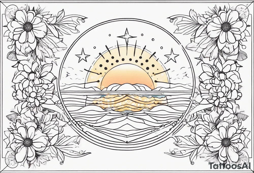 fine line with sun, stars, floral, dots. Sternum tattoo tattoo idea