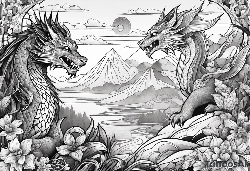 cat and dragon in landscape tattoo idea