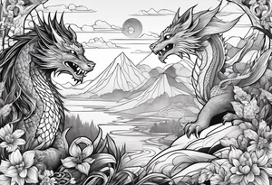 cat and dragon in landscape tattoo idea