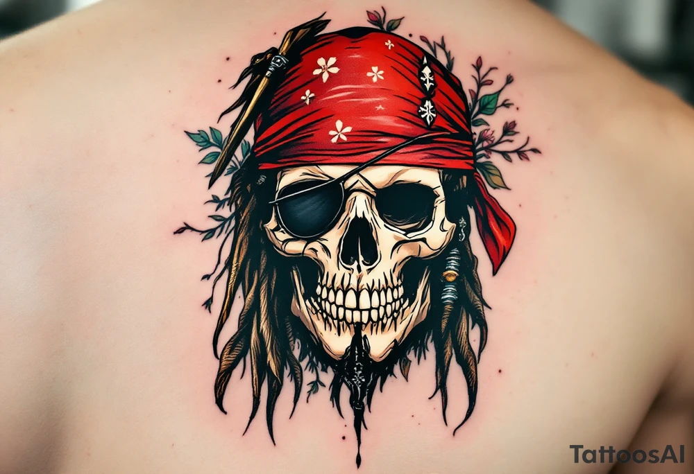 A detailed pirate skull wearing a red bandana and an eye patch, with a rugged expression. The skull is surrounded by intricate floral motifs, with a distressed, aged look that reflects Jack Sparrow's adventurous life.Bold red for the bandana, ivory white for the skull, dark brown and black for the details, and subtle green vines. tattoo idea