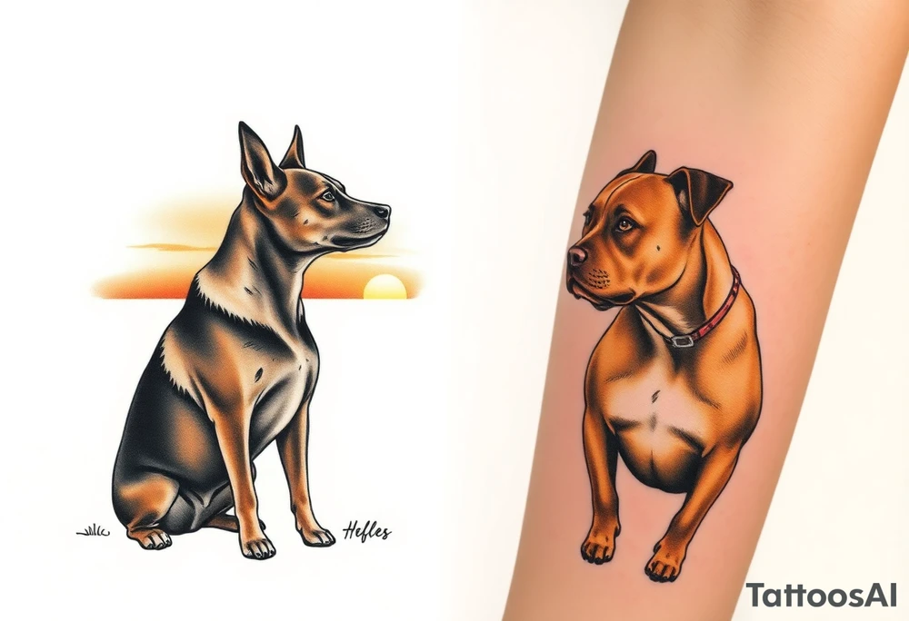 a mertle austrailian cattle dog with a tan pitbull standing look out into thee sunset tattoo idea