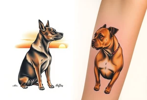 a mertle austrailian cattle dog with a tan pitbull standing look out into thee sunset tattoo idea