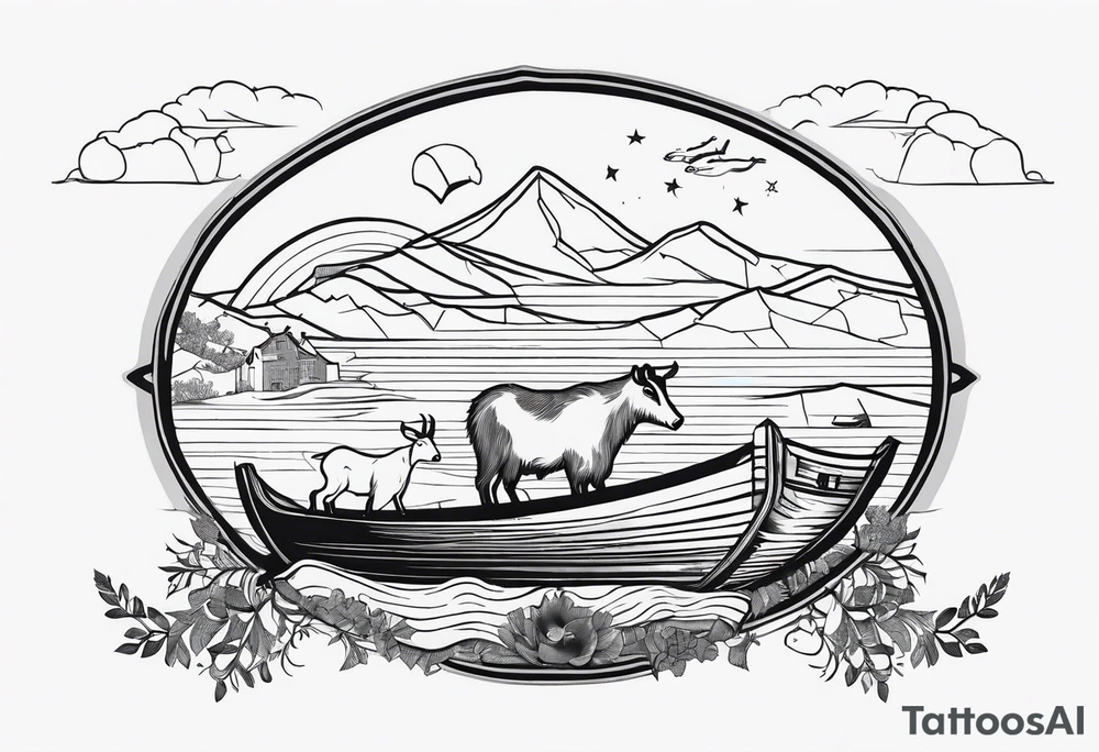 Noah's ark with a badger, a goat and a reindeer inside the outlines of Map of Mallorca behind tattoo idea