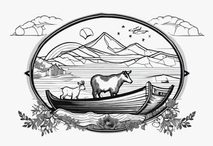 Noah's ark with a badger, a goat and a reindeer inside the outlines of Map of Mallorca behind tattoo idea