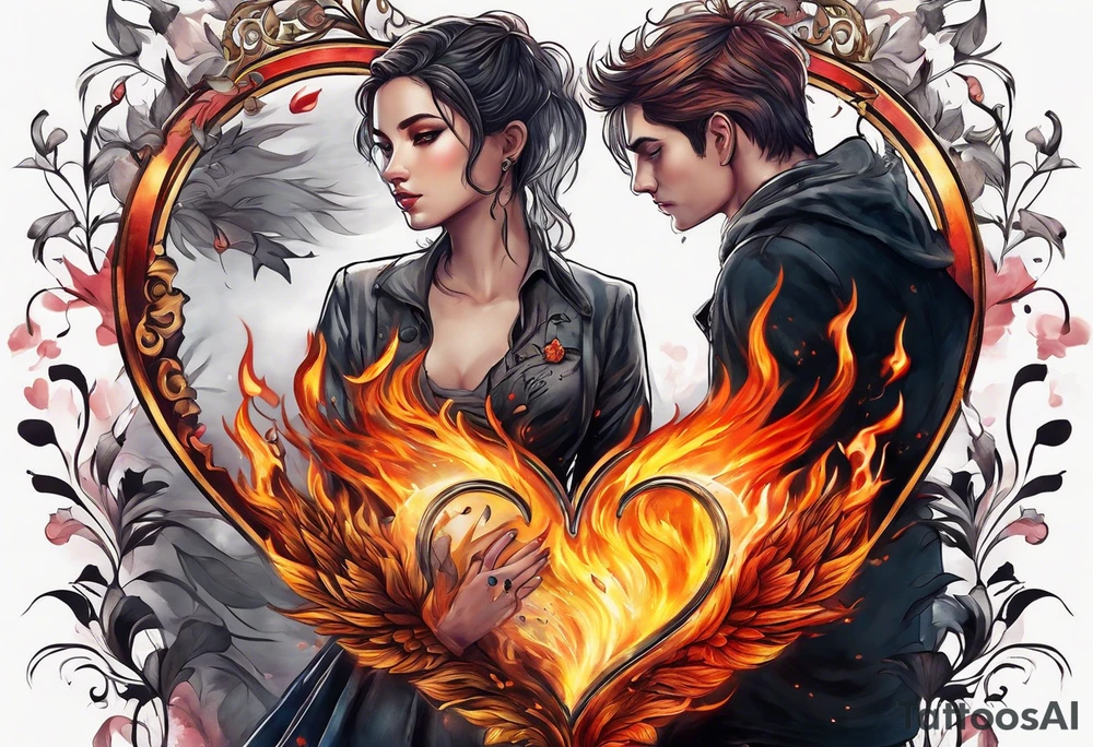In thiele sfumato. A girl with an empty heart and a guy with a burning heart. They stand back to back tattoo idea