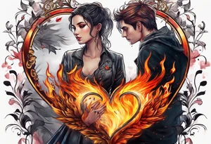 In thiele sfumato. A girl with an empty heart and a guy with a burning heart. They stand back to back tattoo idea