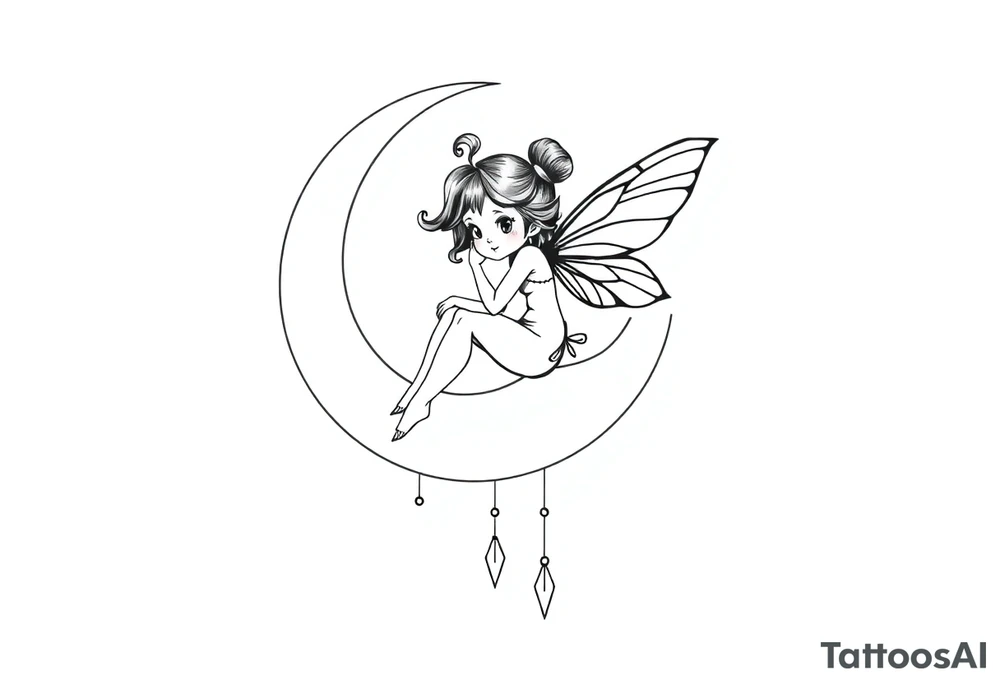 Solid black design. Fairy sitting on moon with dangles tattoo idea