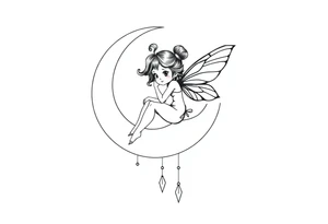 Solid black design. Fairy sitting on moon with dangles tattoo idea