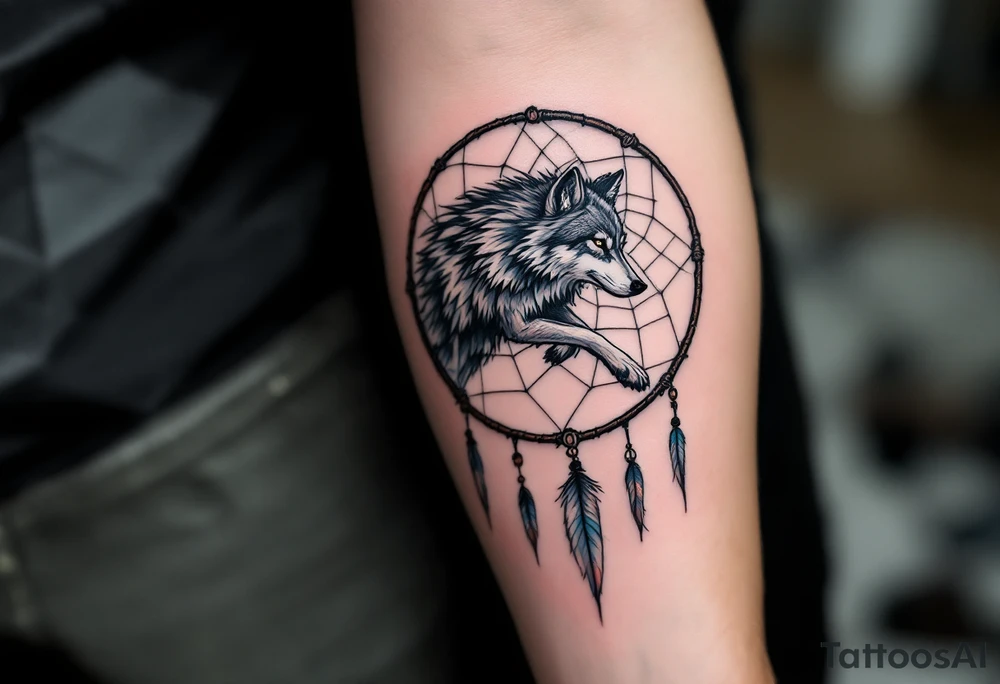 A wolf mid-stride running through the outer ring of a dreamcatcher, symbolizing perseverance, strength, and the pursuit of dreams. The web holds intricate, flowing patterns. Bold, dark greys and blacks for the wolf, with soft pastel blues and pinks for the dreamcatcher to create a sense of motion and dreamlike quality. tattoo idea