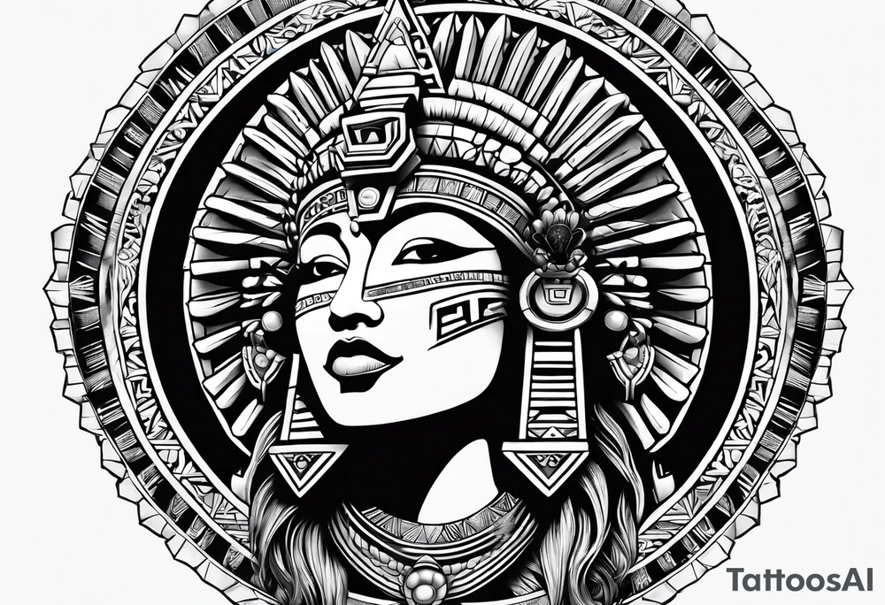 Aztec princess, pyramid solar eclipse ollin symbol tattoo idea
