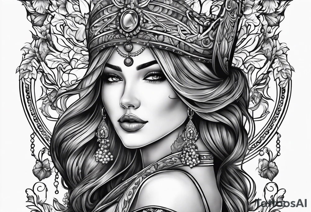 a female figure with a bridle, cheap groceries, diluting wine with water. tattoo idea