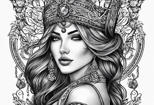 a female figure with a bridle, cheap groceries, diluting wine with water. tattoo idea