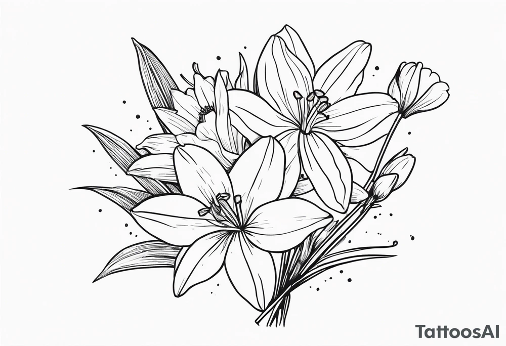 bouquet of flowers containing one lily, one daisy, one daffodil, and one narcissus. fine line with the stems in a bouquet tied by a bow. small bouquet. very dainty style. tattoo idea