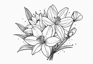 bouquet of flowers containing one lily, one daisy, one daffodil, and one narcissus. fine line with the stems in a bouquet tied by a bow. small bouquet. very dainty style. tattoo idea