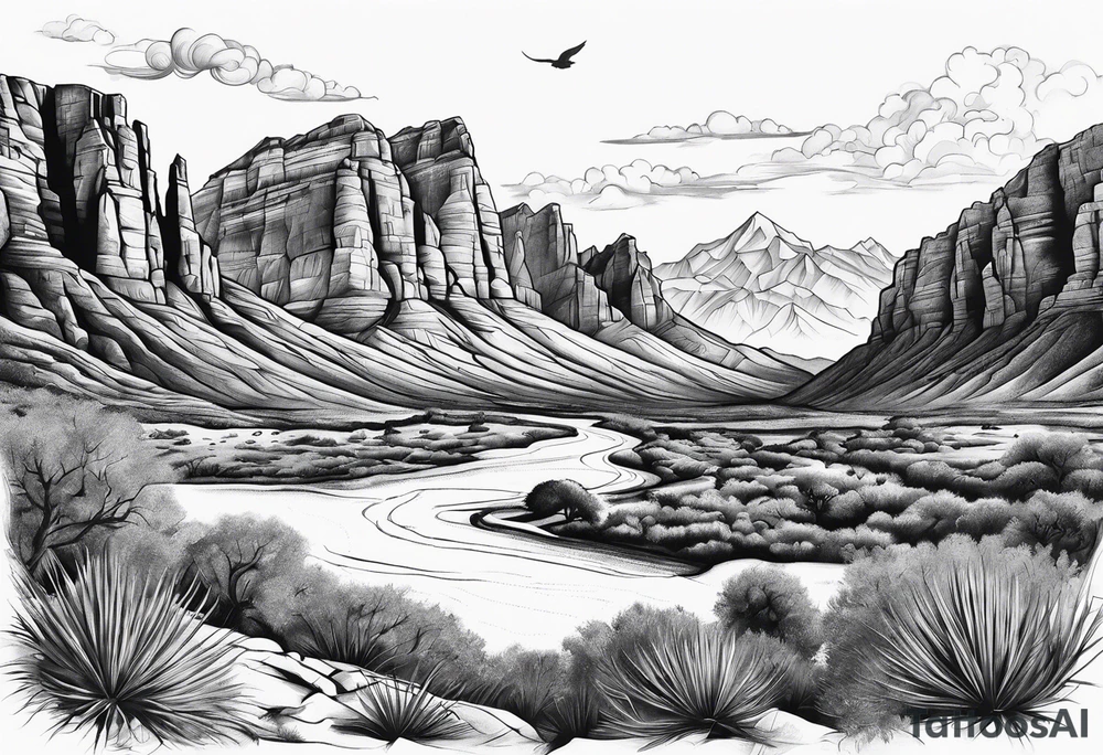 Forearm tattoo with southwest landscape and hikers tattoo idea