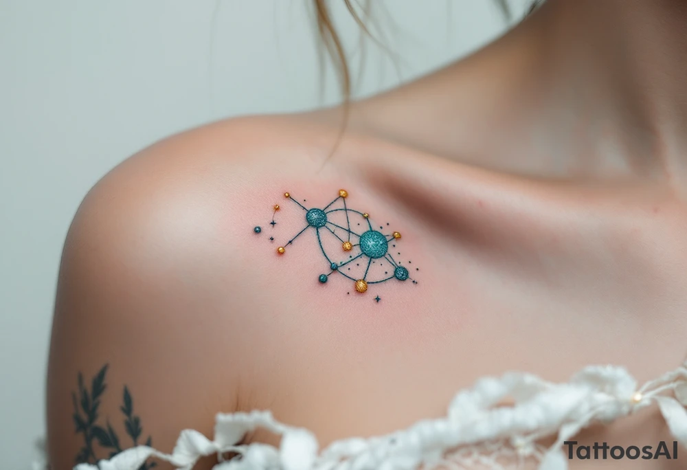 This Capricorn star constellation tattoo blends golden dots and teal lines for a cosmic, earth-meets-sky vibe captures zodiac’s essence. tattoo idea