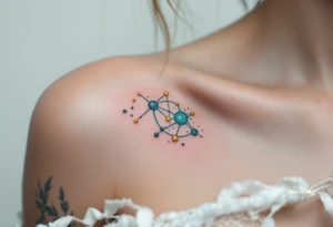 This Capricorn star constellation tattoo blends golden dots and teal lines for a cosmic, earth-meets-sky vibe captures zodiac’s essence. tattoo idea
