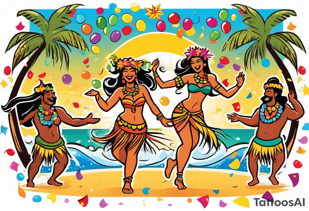 dancing tiki gods and hula girls on the left and right side of a beach party scene with confetti and music notes with a setting sun in the center of the image tattoo idea