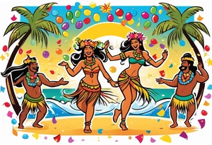 dancing tiki gods and hula girls on the left and right side of a beach party scene with confetti and music notes with a setting sun in the center of the image tattoo idea