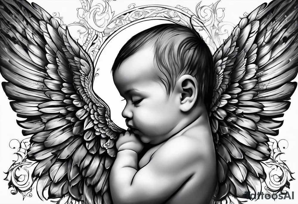 Tattooed baby with angel wings. Sided view so that we see only one wing. Name Leah written under in gothic letters. tattoo idea