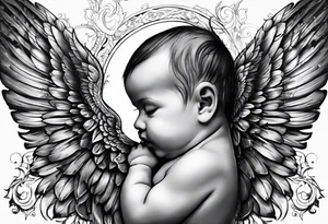 Tattooed baby with angel wings. Sided view so that we see only one wing. Name Leah written under in gothic letters. tattoo idea