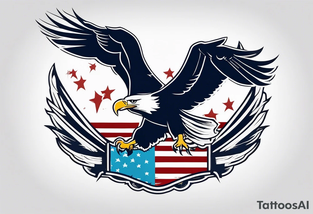 eagle flying in front of aircraft carrier holding American flag in beak tattoo idea