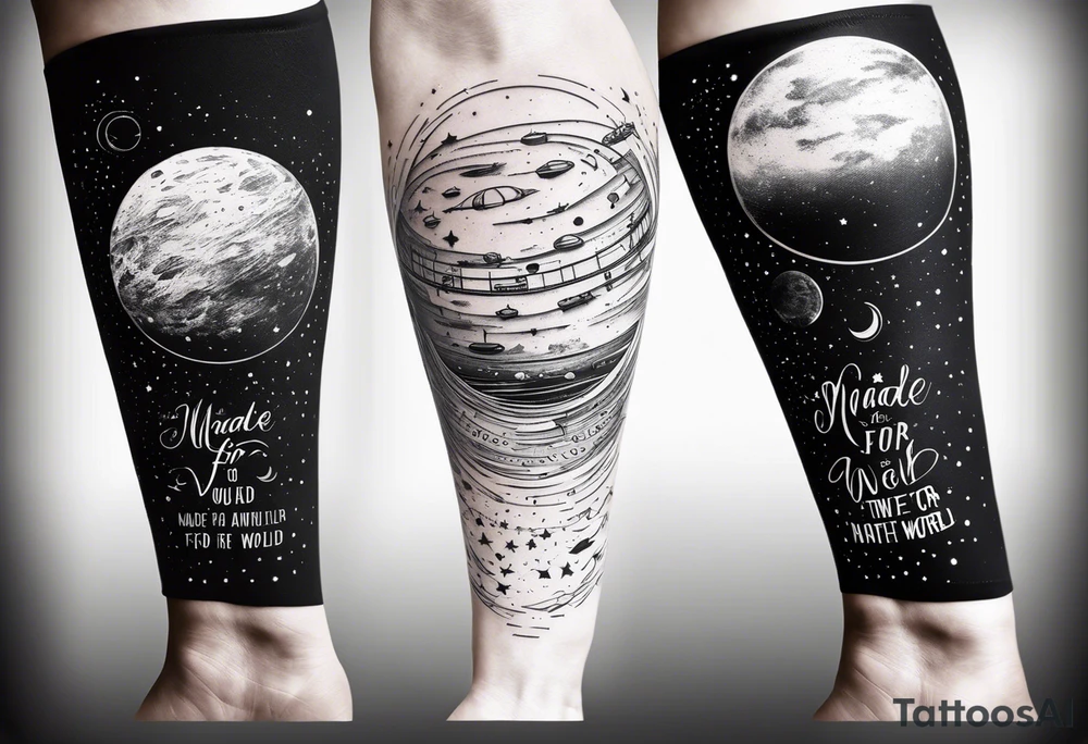 An outer space themed minimalist calf sleeve tattoo incorporating the quote, "Made for another world" in typewriter font tattoo idea