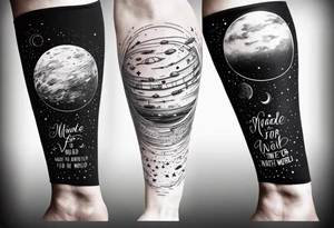 An outer space themed minimalist calf sleeve tattoo incorporating the quote, "Made for another world" in typewriter font tattoo idea