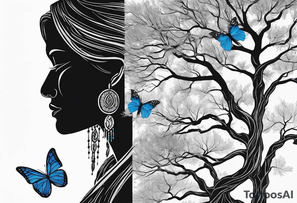 Tree with upper left branches forming a native American woman's face as she looks down onto the trees base and a lonely woman kneels there with 1 blue butterfly tattoo idea