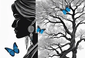 Tree with upper left branches forming a native American woman's face as she looks down onto the trees base and a lonely woman kneels there with 1 blue butterfly tattoo idea