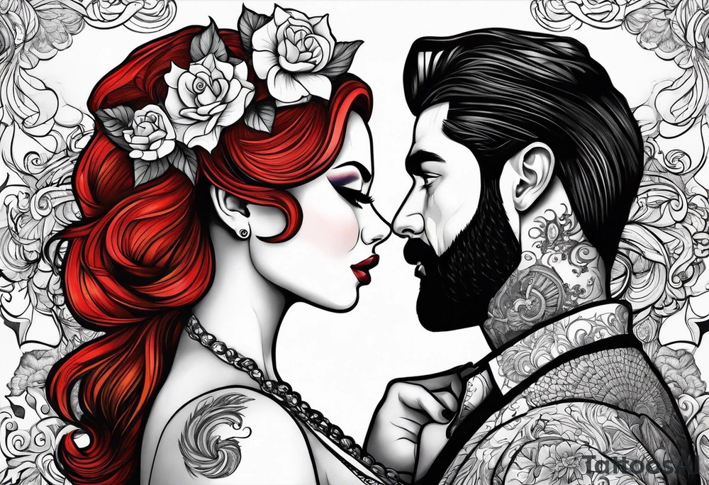 Busty Red haired woman with black haired bearded man tattoo idea
