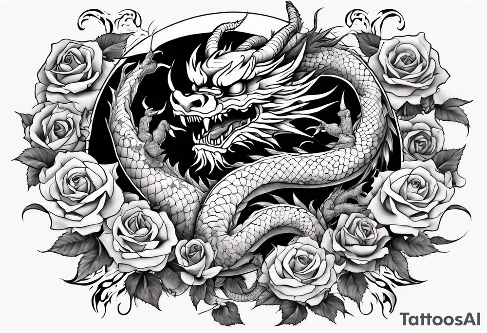 full Japanese dragon with moon and roses tattoo idea