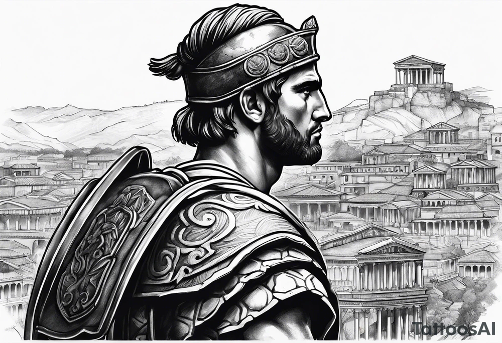 Close up of roman solider looking at ancient city in the background tattoo idea