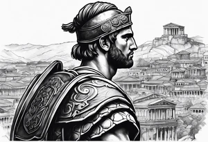 Close up of roman solider looking at ancient city in the background tattoo idea