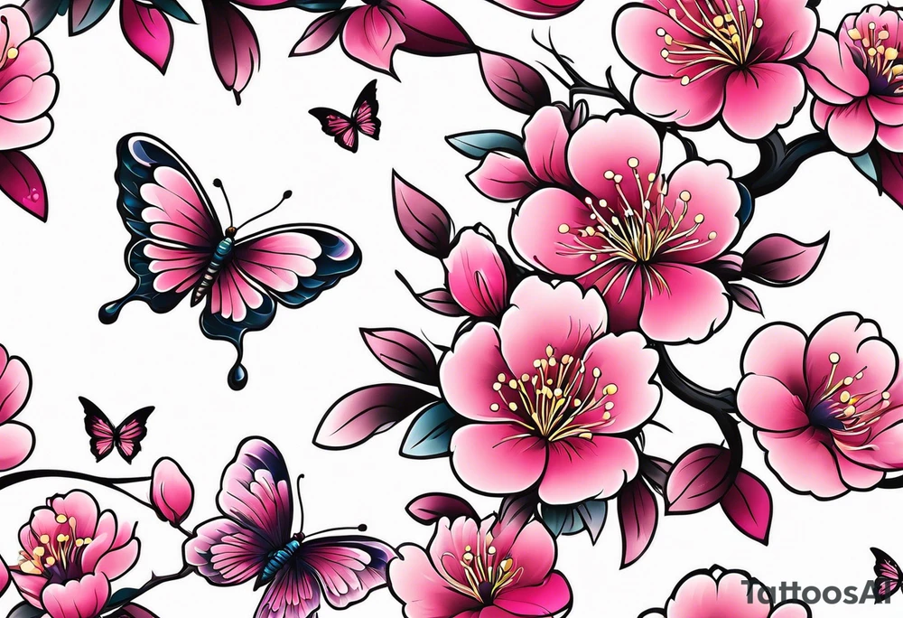 Vibrant, pink plum blossom flowers with butterflies tattoo idea