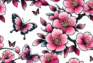 Vibrant, pink plum blossom flowers with butterflies tattoo idea