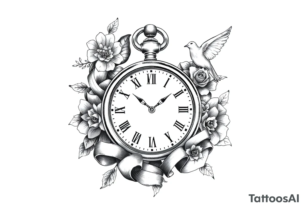 Pocket watch , surrounded by floral ornaments and dove, ribbon tattoo idea