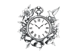 Pocket watch , surrounded by floral ornaments and dove, ribbon tattoo idea