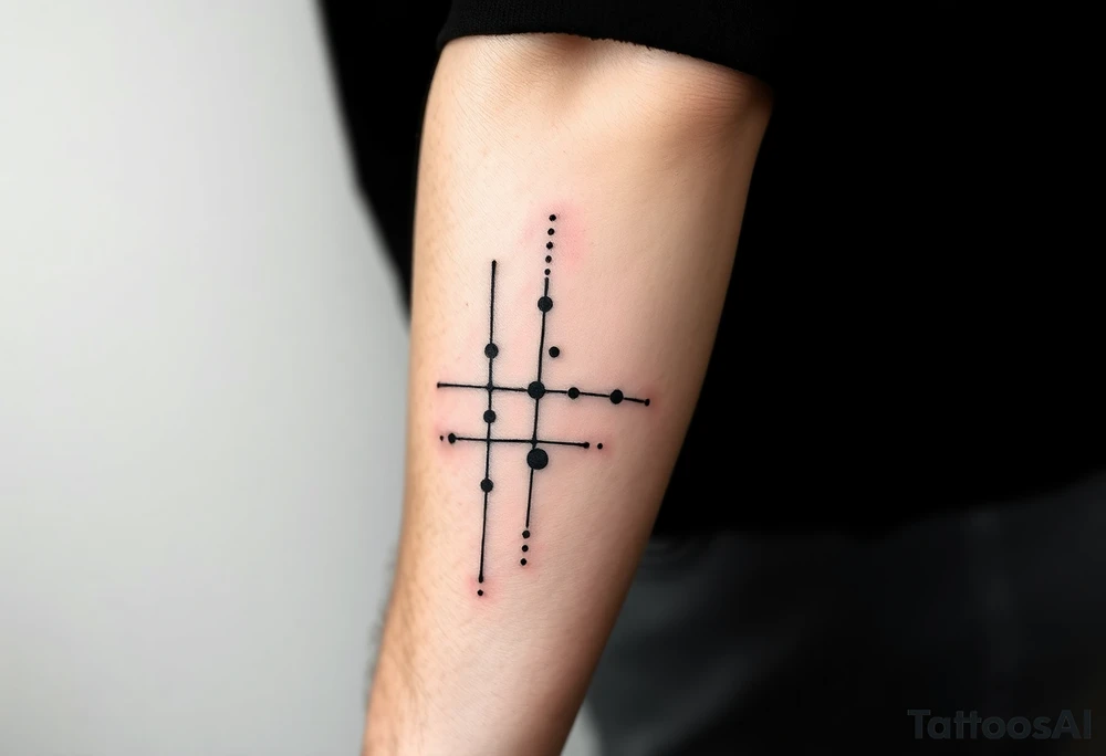 Abstract black line tattoo for a male.
Irregular, broken, sketch-like lines with sharp direction changes.
Non-elegant, non-minimal, non-feminine.
Raw hand-drawn tattoo stencil style.
Black ink only, no shading, no smooth curves.
Inner forearm wrapping around the elbow. tattoo idea